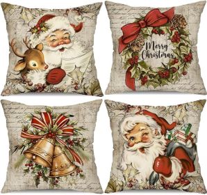 Christmas Pillow Covers 18x18 inch Set of 4 Santa Claus Reindeer Decorative Vintage Throw Pillow Covers Winter Retro Farmhouse Decoration for Hom
