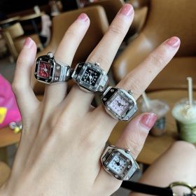 Mini Finger Ring Watch Square Quartz Easy Reader Watch Alloy Case Watch 4 Colors Valentine's Day Gift For Her (Color: Red, size: 2 pc)